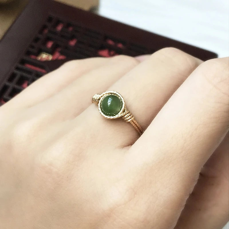 14K Gold Hetian Jasper Ring | Handmade Boho Knuckle Ring for Women