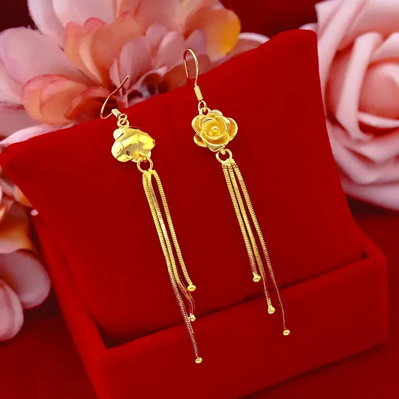 24K Real Yellow Gold Rose Flower Hook Earrings | 9999 Pure Gold Floral Jewelry for Women