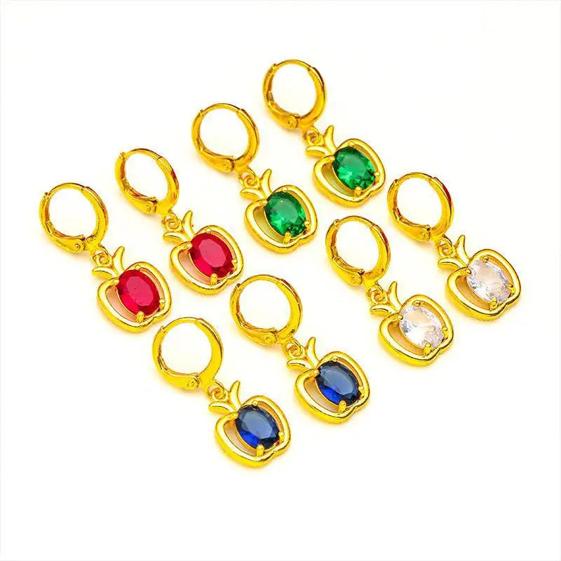 Luxury 9999 Pure 24K Gold Apple Stud Earrings | Blue-Green Hollow Design for Women