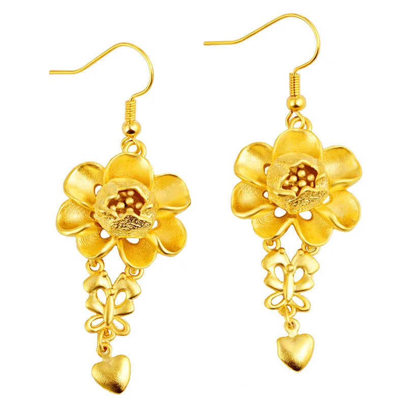 24K Pure Gold Flower Tassel Earrings | Hammered Texture with Silver Accents for Women