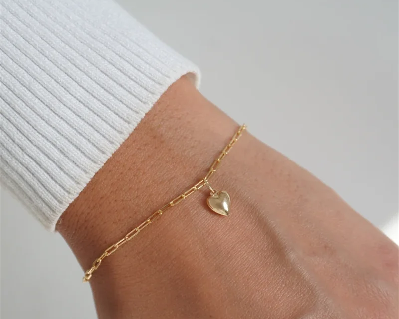 14K Gold Heart Charm Bracelet | Handmade Boho Jewelry & Bridesmaid Gift for Women
