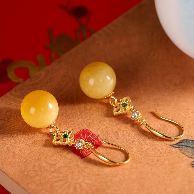 Gold 925 Silver Amber Round Bead Dangle Earrings for Women