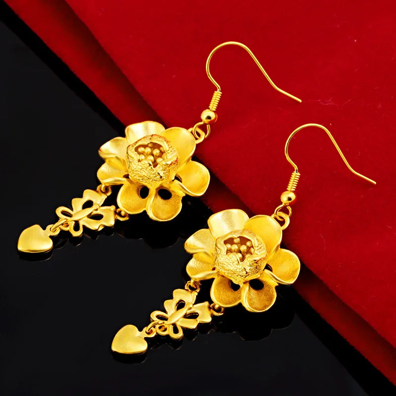 24K Pure Gold Flower Tassel Earrings | Hammered Texture with Silver Accents for Women