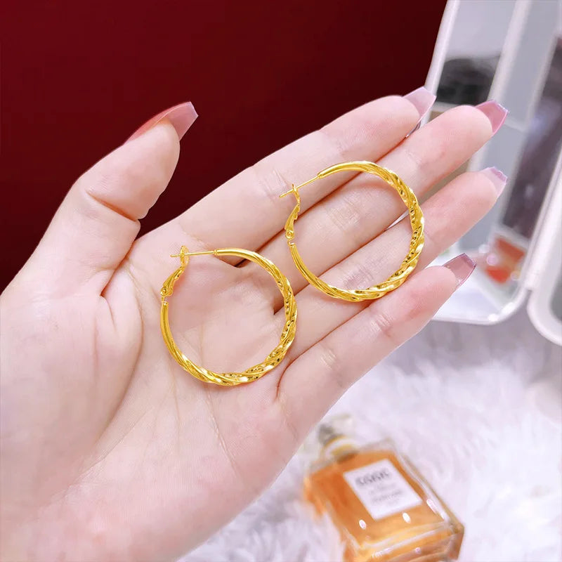 Luxury 9999 Pure 24K Gold Large Twisted Hoop Earrings | Elegant Statement Jewelry for Women
