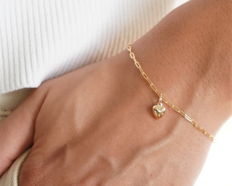 14K Gold Heart Charm Bracelet | Handmade Boho Jewelry & Bridesmaid Gift for Women