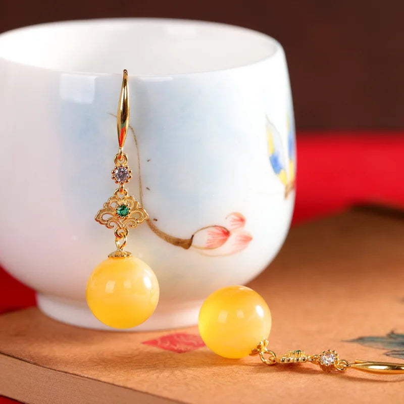 Gold 925 Silver Amber Round Bead Dangle Earrings for Women
