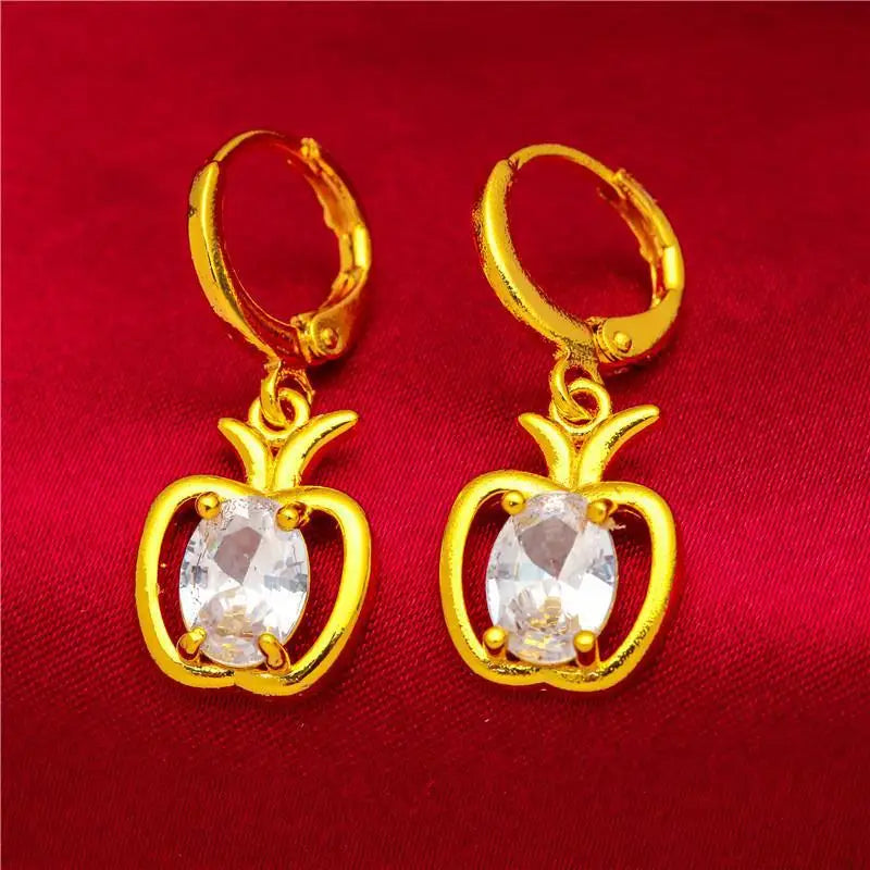 Luxury 9999 Pure 24K Gold Apple Stud Earrings | Blue-Green Hollow Design for Women