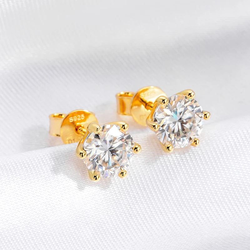 18K Gold Plated Moissanite Stud Earrings | D Color VVS1 0.5-2CT in 925 Silver