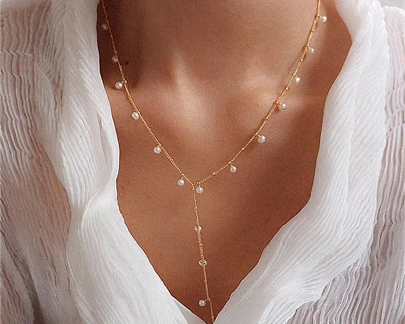 14K Gold Natural Pearl Y Necklace | Handmade Boho Choker for Women
