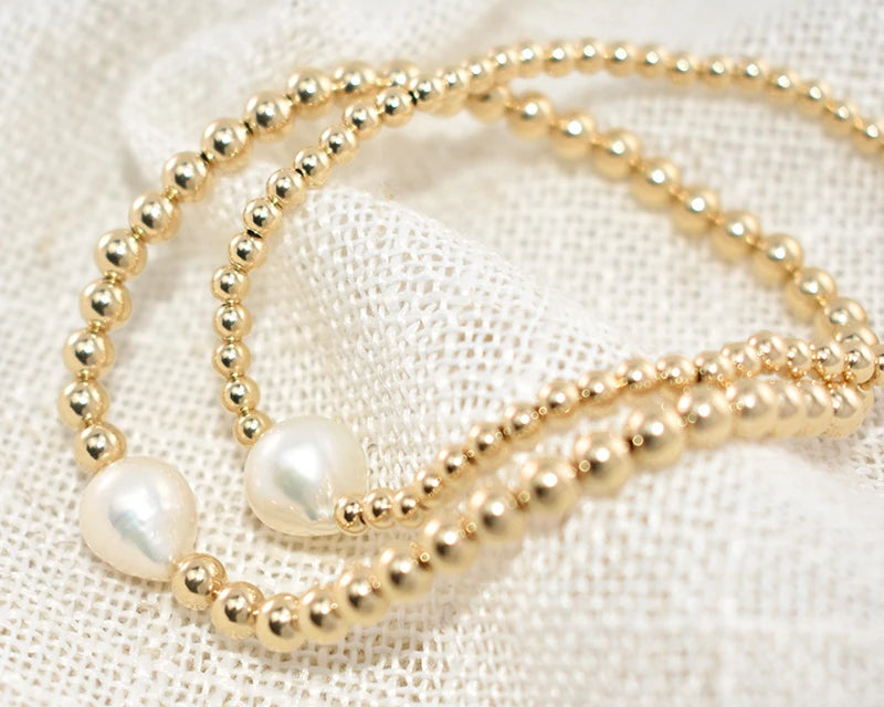 14K Gold Beaded Bracelet with Freshwater Pearl | Tarnish Resistant Boho Bridesmaid Gift