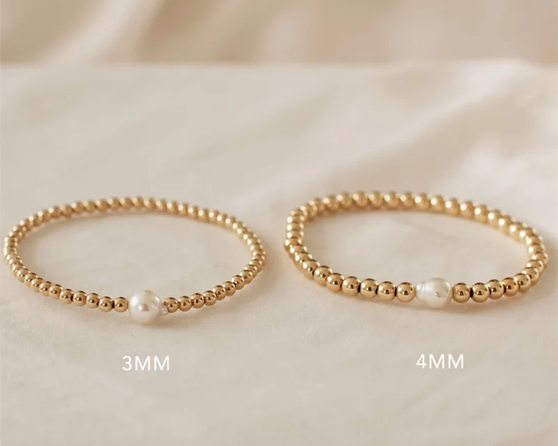 14K Gold Beaded Bracelet with Freshwater Pearl | Tarnish Resistant Boho Bridesmaid Gift
