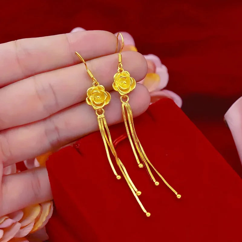 24K Real Yellow Gold Rose Flower Hook Earrings | 9999 Pure Gold Floral Jewelry for Women