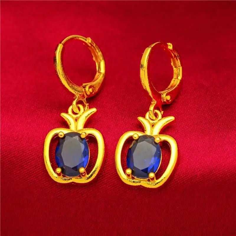 Luxury 9999 Pure 24K Gold Apple Stud Earrings | Blue-Green Hollow Design for Women