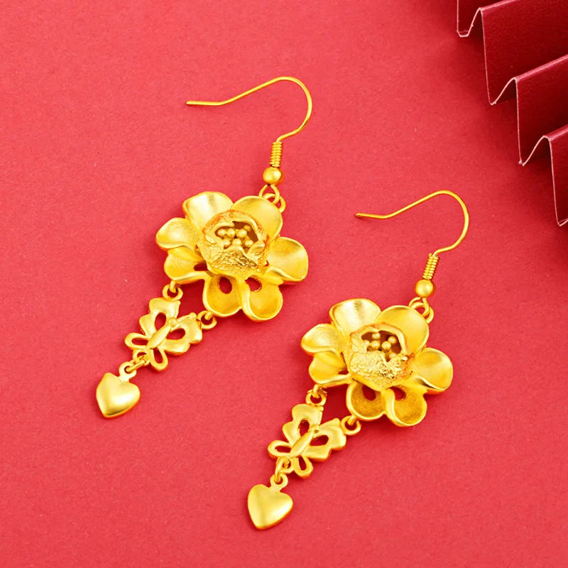 24K Pure Gold Flower Tassel Earrings | Hammered Texture with Silver Accents for Women