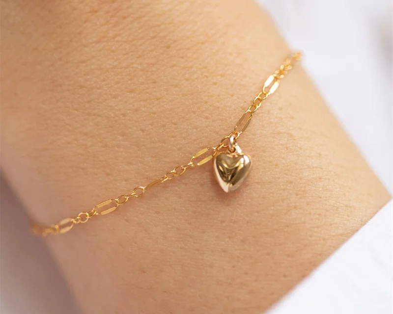 14K Gold Dainty Heart Charm Bracelet | Minimalist Tarnish-Resistant Jewelry for Women