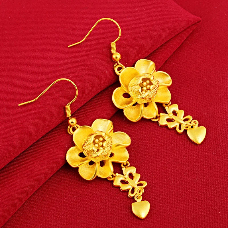 24K Pure Gold Flower Tassel Earrings | Hammered Texture with Silver Accents for Women