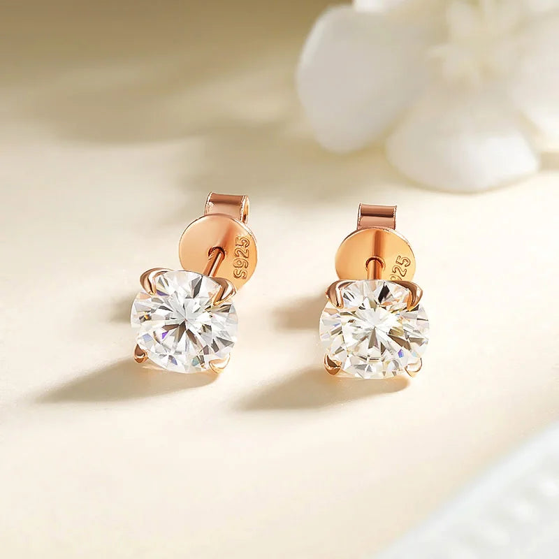 Rose Gold Moissanite Stud Earrings for Women | 0.2-3CT D Color | Wedding Jewelry