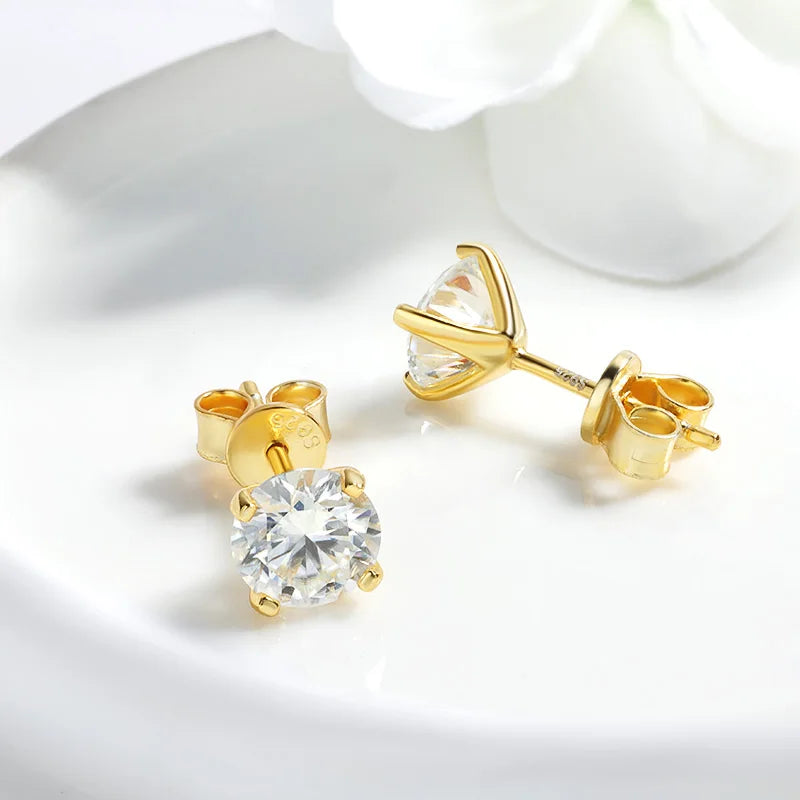 D Color Moissanite Stud Earrings | 925 Sterling Silver with 18K Gold Plating | VVS1 Round Cut Gift for Women
