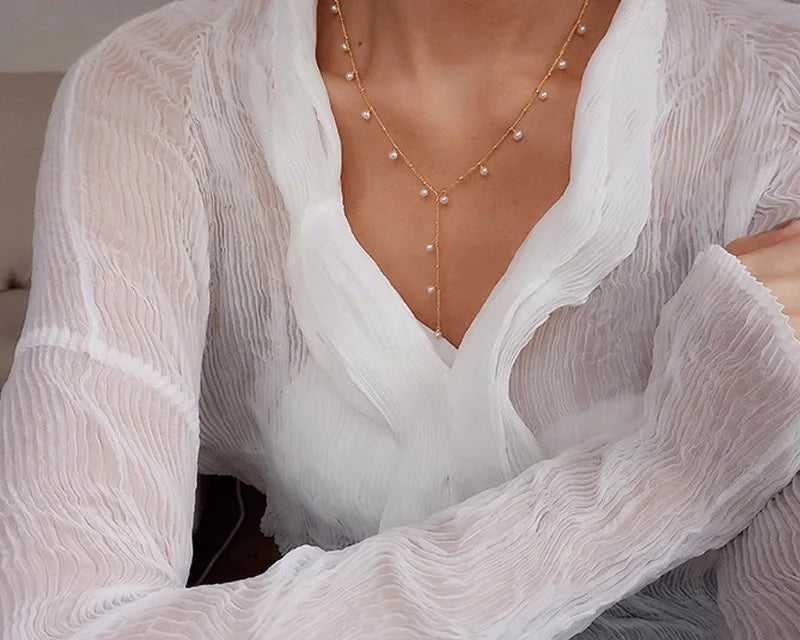 14K Gold Natural Pearl Y Necklace | Handmade Boho Choker for Women
