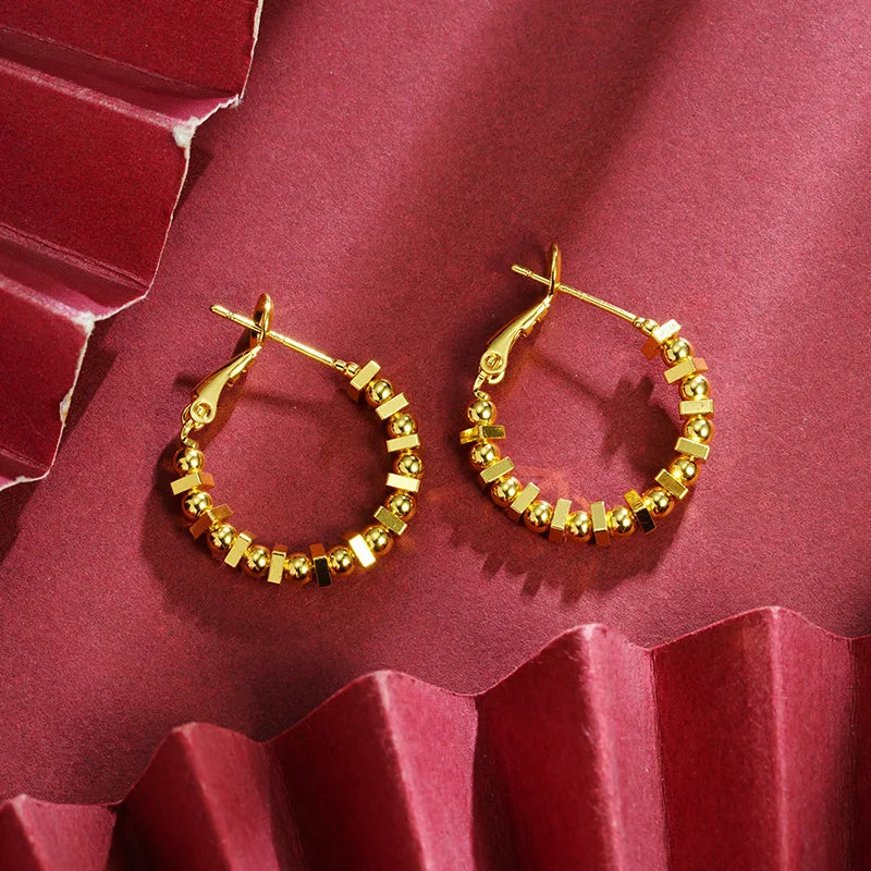 24K Pure Gold Square Bead Earrings | Luxury Real Gold Minimalist Jewelry for Women