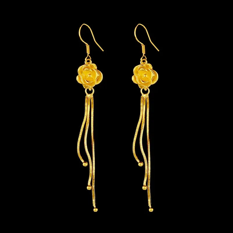 24K Real Yellow Gold Rose Flower Hook Earrings | 9999 Pure Gold Floral Jewelry for Women