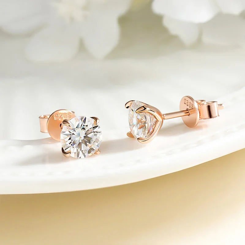 Rose Gold Moissanite Stud Earrings for Women | 0.2-3CT D Color | Wedding Jewelry