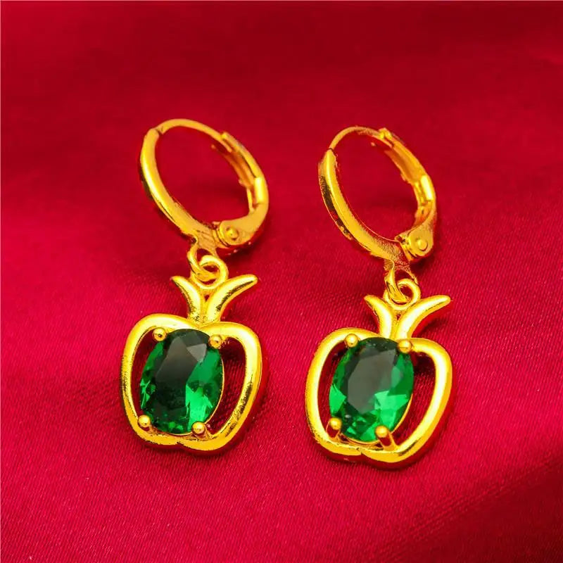 Luxury 9999 Pure 24K Gold Apple Stud Earrings | Blue-Green Hollow Design for Women