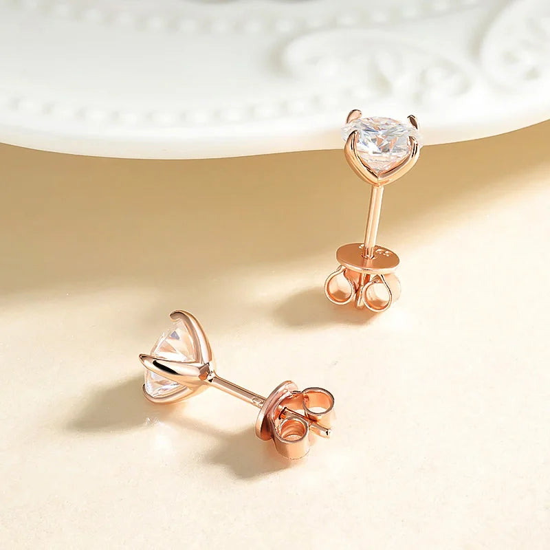 Rose Gold Moissanite Stud Earrings for Women | 0.2-3CT D Color | Wedding Jewelry