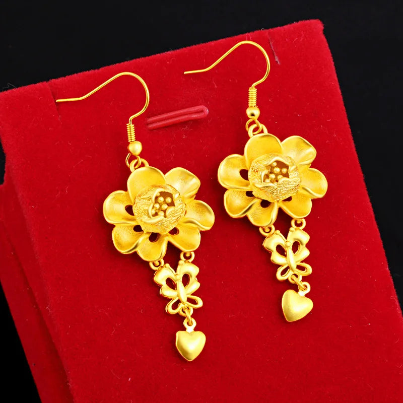 24K Pure Gold Flower Tassel Earrings | Hammered Texture with Silver Accents for Women