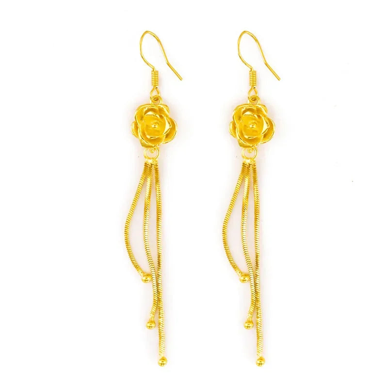 24K Real Yellow Gold Rose Flower Hook Earrings | 9999 Pure Gold Floral Jewelry for Women