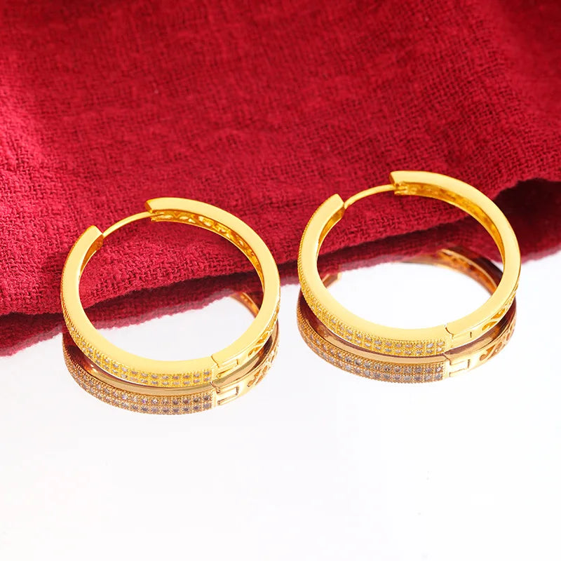 24K Pure Gold Diamond Star Hoop Earrings | Luxury Real Gold Ear Buckle Jewelry for Women
