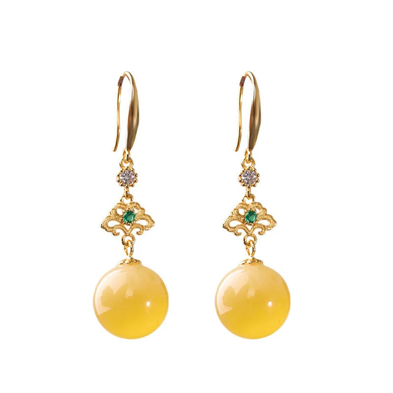 Gold 925 Silver Amber Round Bead Dangle Earrings for Women