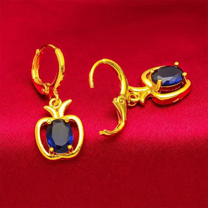 Luxury 9999 Pure 24K Gold Apple Stud Earrings | Blue-Green Hollow Design for Women