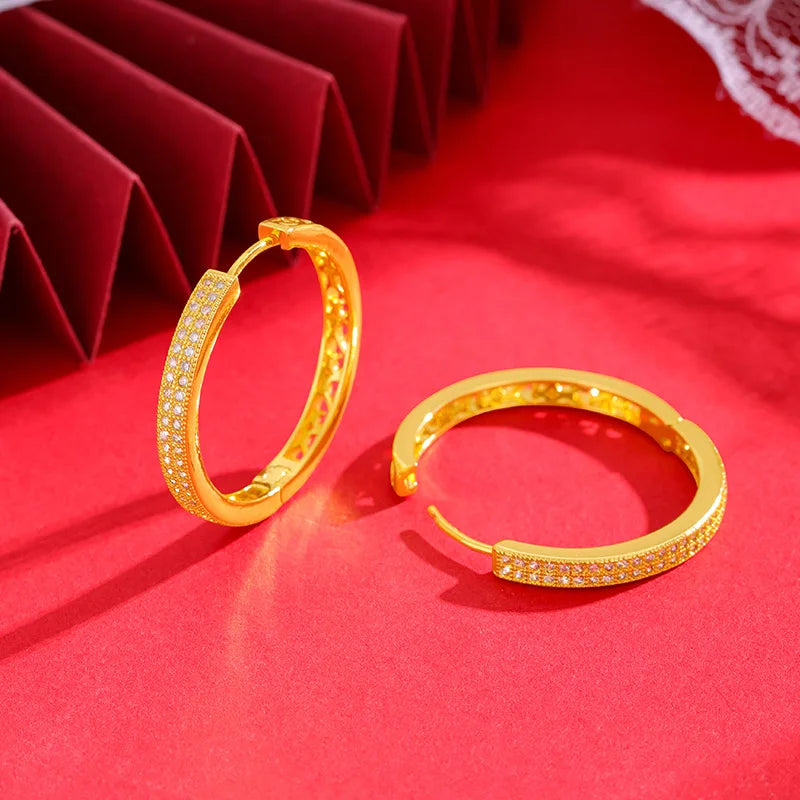 24K Pure Gold Diamond Star Hoop Earrings | Luxury Real Gold Ear Buckle Jewelry for Women