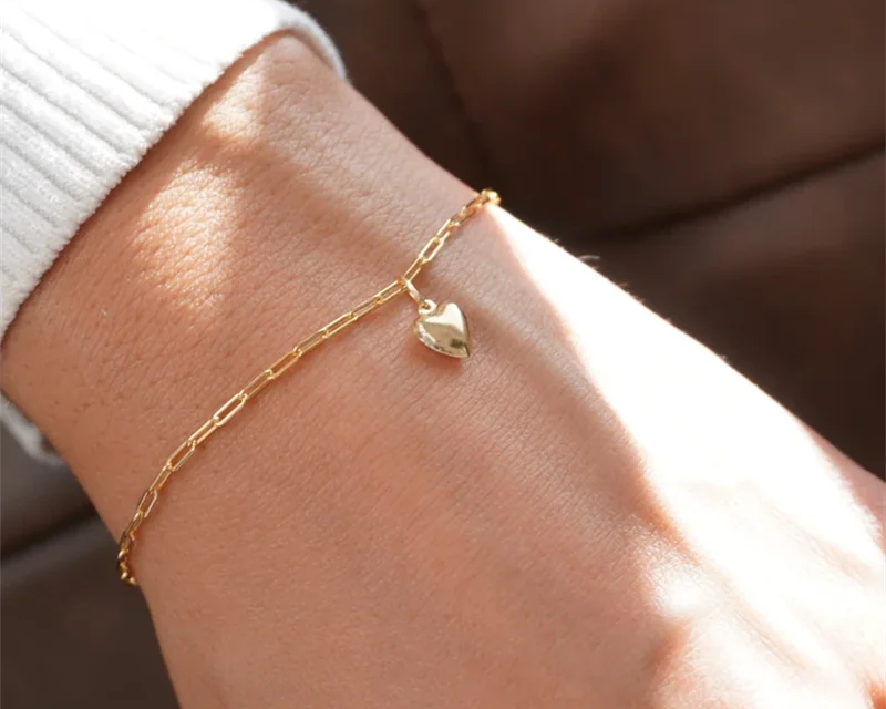 14K Gold Heart Charm Bracelet | Handmade Boho Jewelry & Bridesmaid Gift for Women