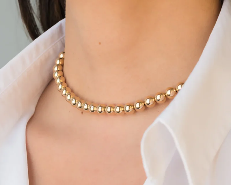 14K Gold Round Bead Choker Necklace | Handmade Boho Dainty Jewelry for Women