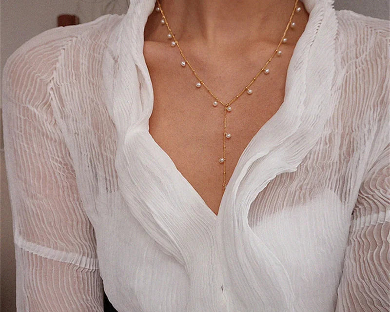 14K Gold Natural Pearl Y Necklace | Handmade Boho Choker for Women