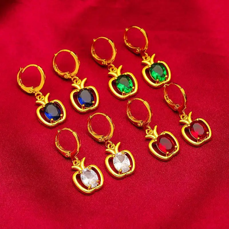 Luxury 9999 Pure 24K Gold Apple Stud Earrings | Blue-Green Hollow Design for Women