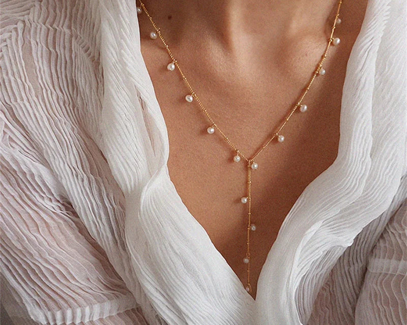14K Gold Natural Pearl Y Necklace | Handmade Boho Choker for Women