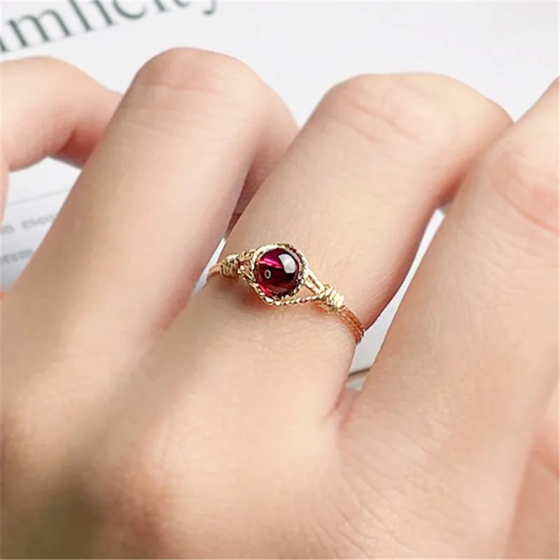 14K Gold  Natural Garnet Ring | Handmade Boho Knuckle Ring for Women