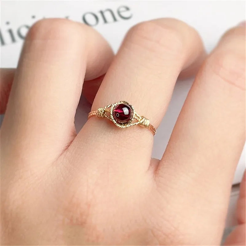 14K Gold  Natural Garnet Ring | Handmade Boho Knuckle Ring for Women