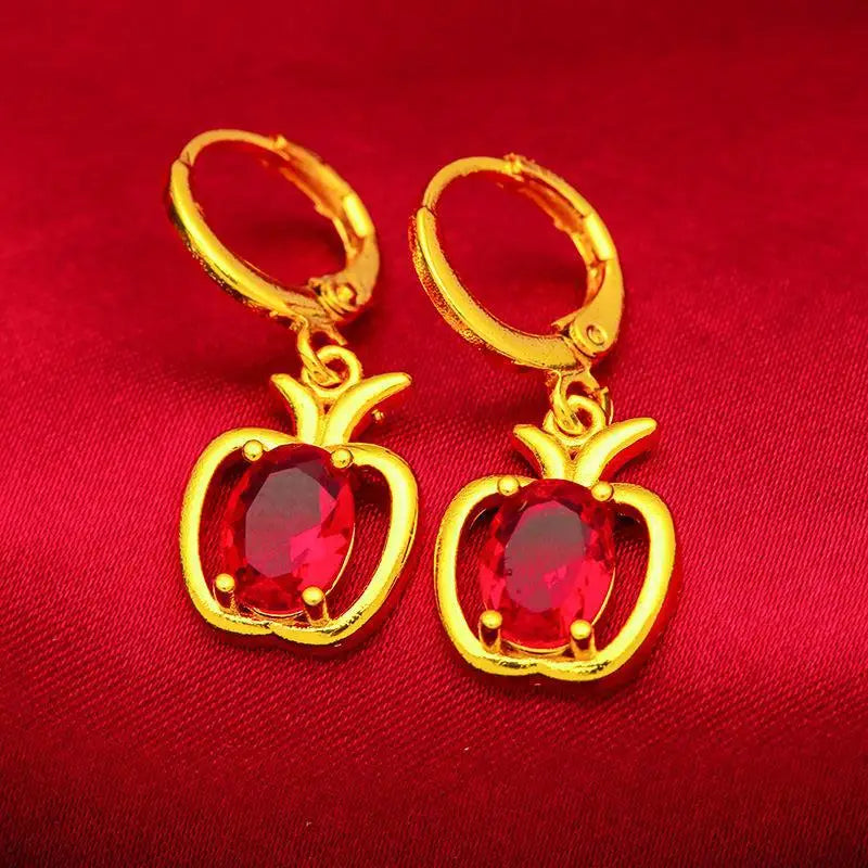 Luxury 9999 Pure 24K Gold Apple Stud Earrings | Blue-Green Hollow Design for Women