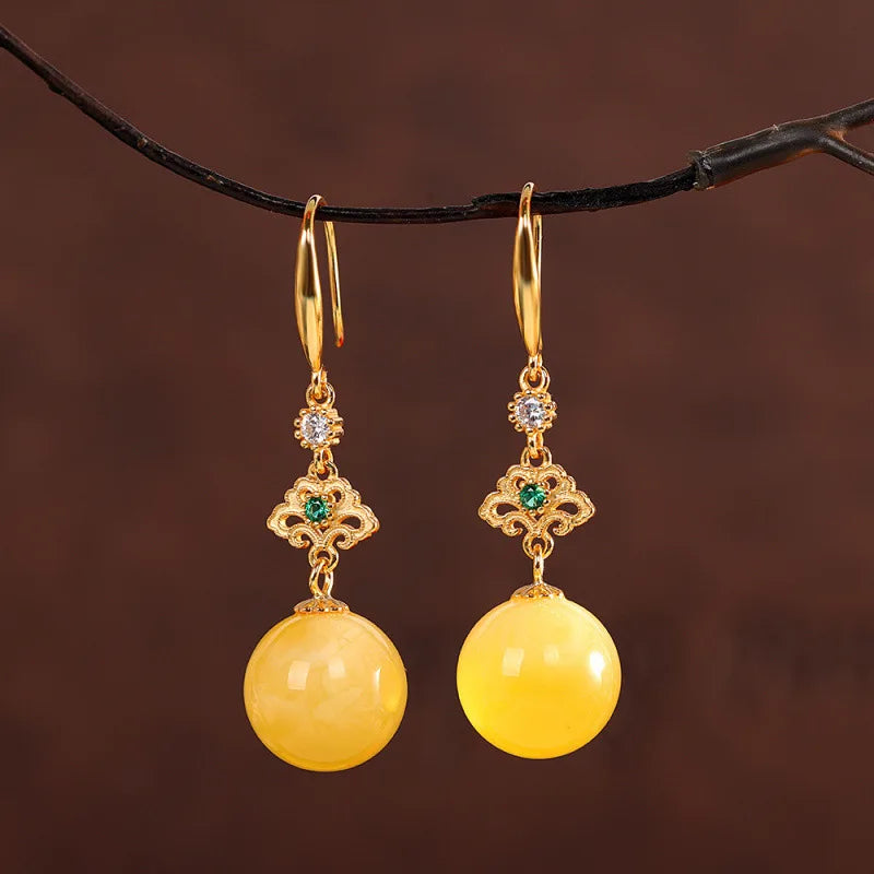 Gold 925 Silver Amber Round Bead Dangle Earrings for Women