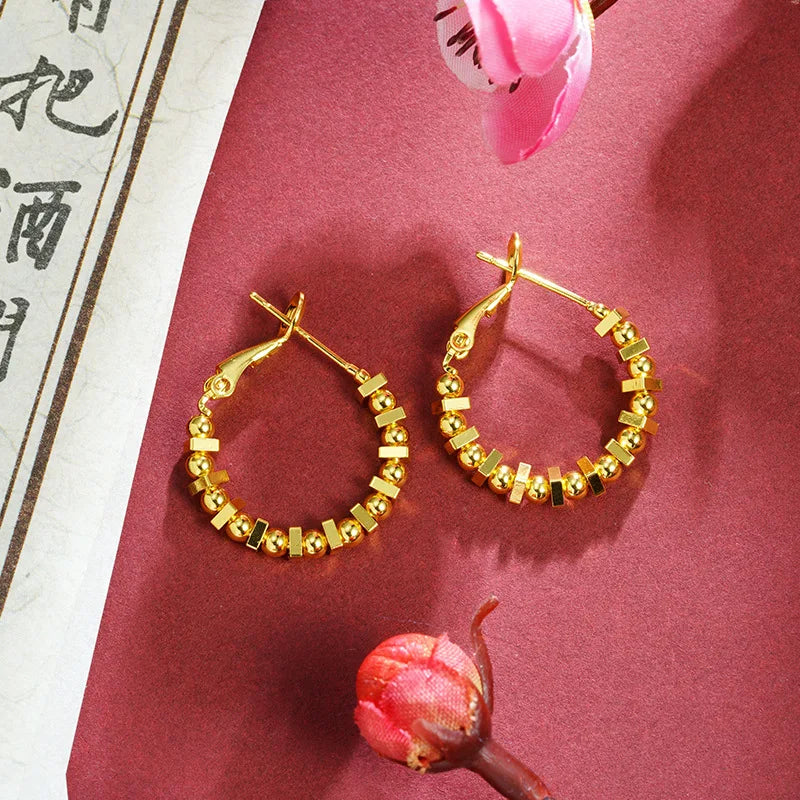 24K Pure Gold Square Bead Earrings | Luxury Real Gold Minimalist Jewelry for Women