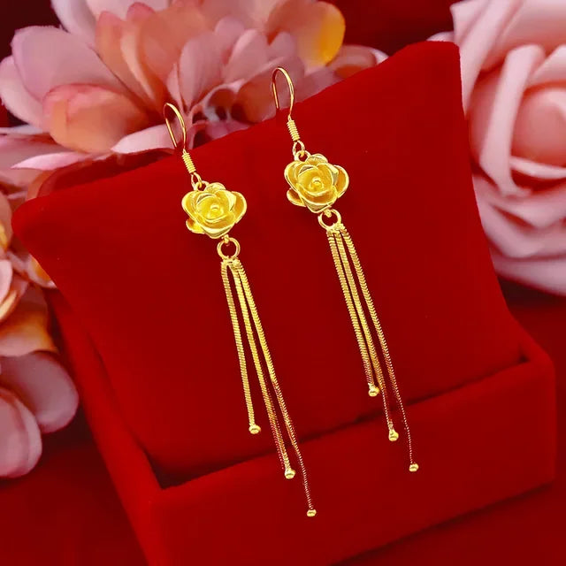 24K Real Yellow Gold Rose Flower Hook Earrings | 9999 Pure Gold Floral Jewelry for Women