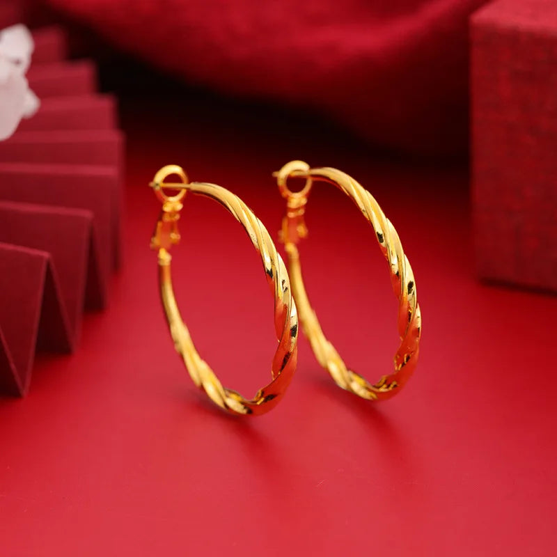 Luxury 9999 Pure 24K Gold Large Twisted Hoop Earrings | Elegant Statement Jewelry for Women