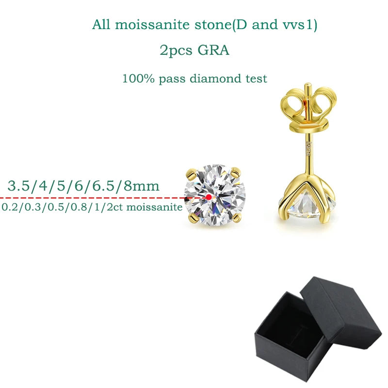 D Color Moissanite Stud Earrings | 925 Sterling Silver with 18K Gold Plating | VVS1 Round Cut Gift for Women