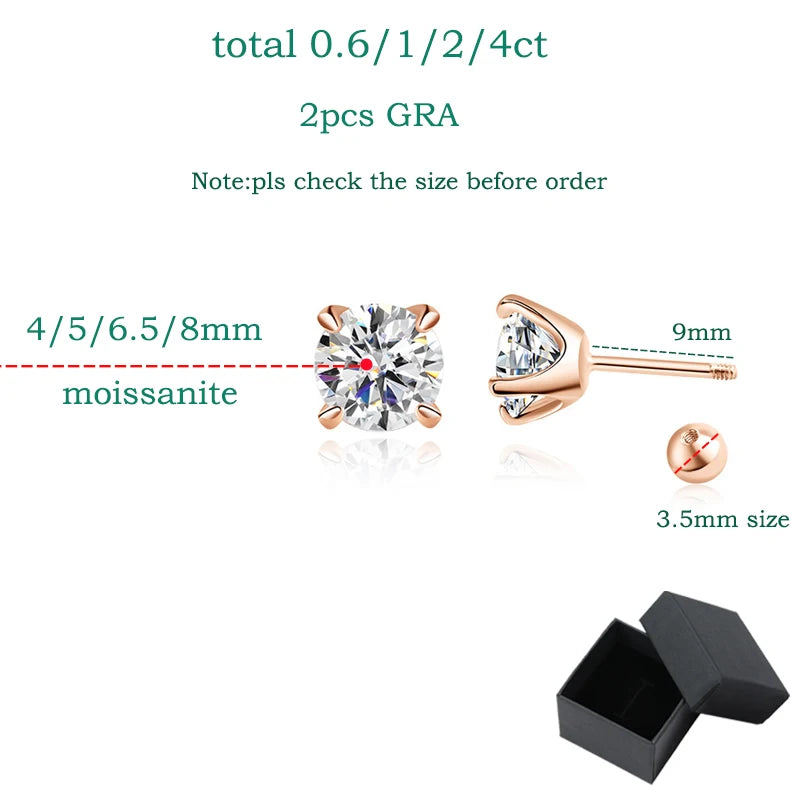 GRA Certified Moissanite Stud Earrings | 0.5CT–2CT D Color in 925 Sterling Silver