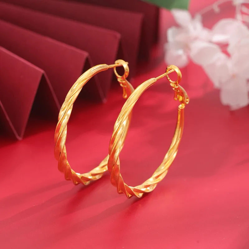 Luxury 9999 Pure 24K Gold Large Twisted Hoop Earrings | Elegant Statement Jewelry for Women