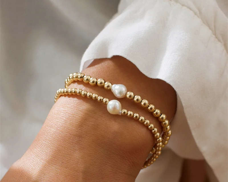 14K Gold Beaded Bracelet with Freshwater Pearl | Tarnish Resistant Boho Bridesmaid Gift